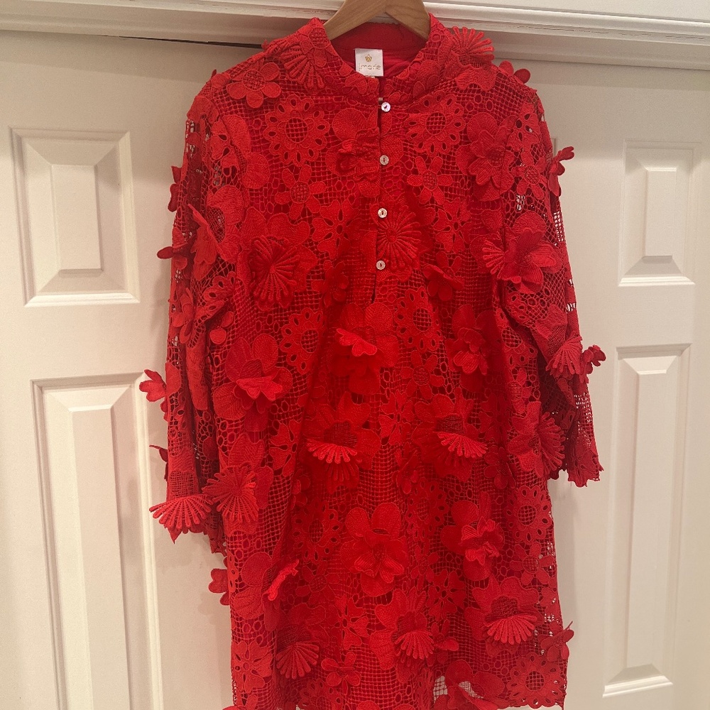J Marie Seraphina Floral 3D Lace Split Round Button Up Neck Long Sleeve Shift Dr
